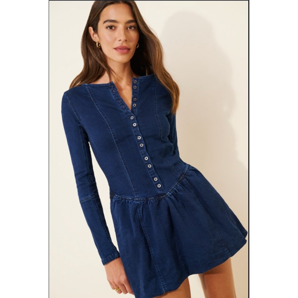 Free People We The Free Kent Denim Mini Dress Dark Wash Long Sleeve XL NWT